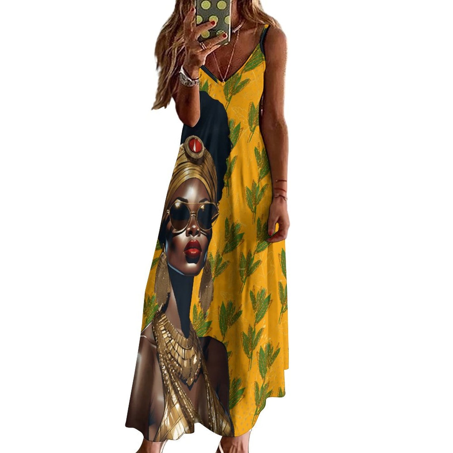 Yellow Spaghetti Strap African Queen Women's Long Dress