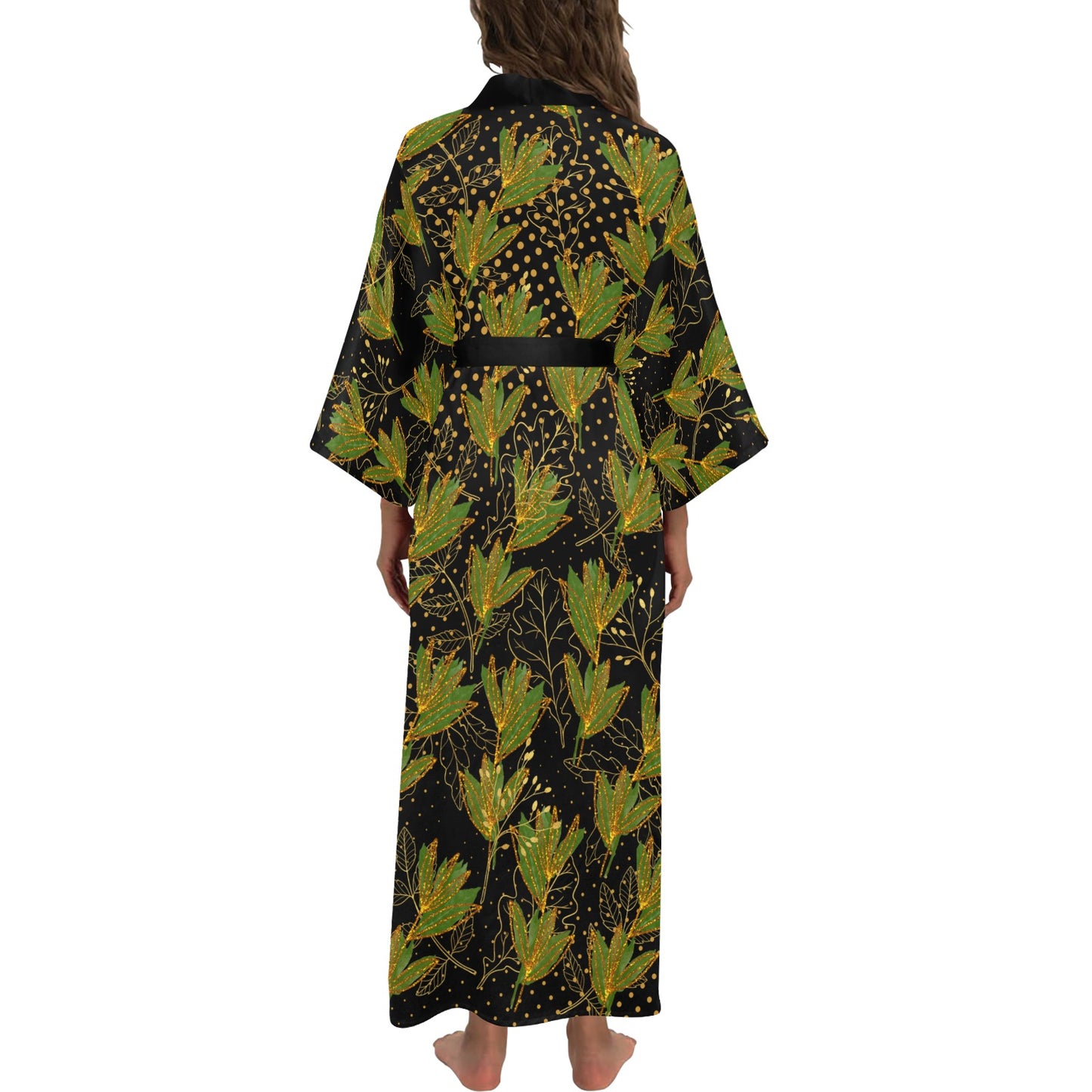 Black Gold Leaf Ankara Kimono Women's Long Kimono Robe