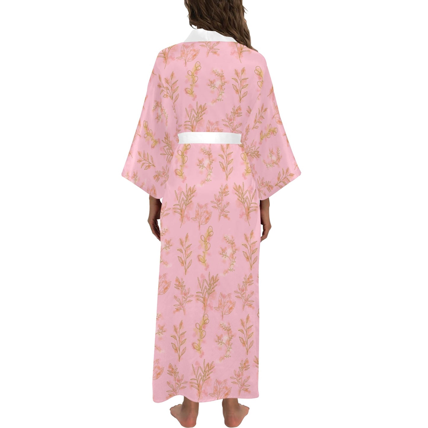 Pink Gold Oriental Leaf Women's Long Kimono Silky Feel Robe