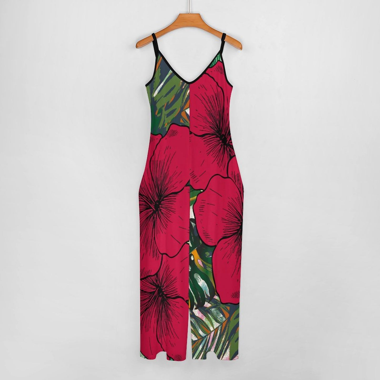 Queen Vee Red Hibiscus Floral Suspender Jumpsuit