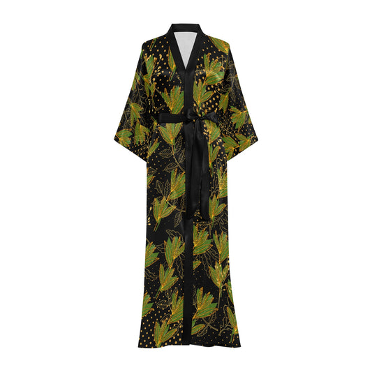 Black Gold Leaf Ankara Kimono Women's Long Kimono Robe