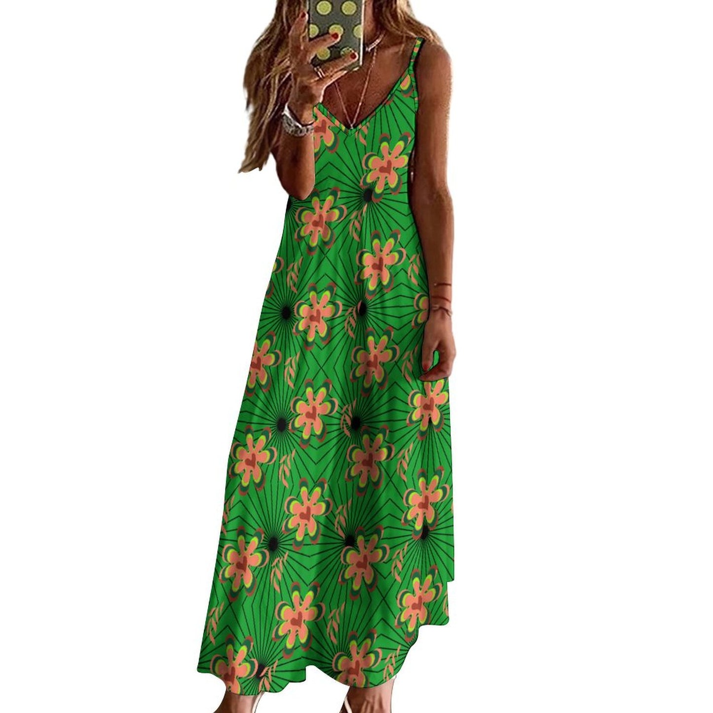 Green Floral Spaghetti Strap Women's Maxi Long Dress