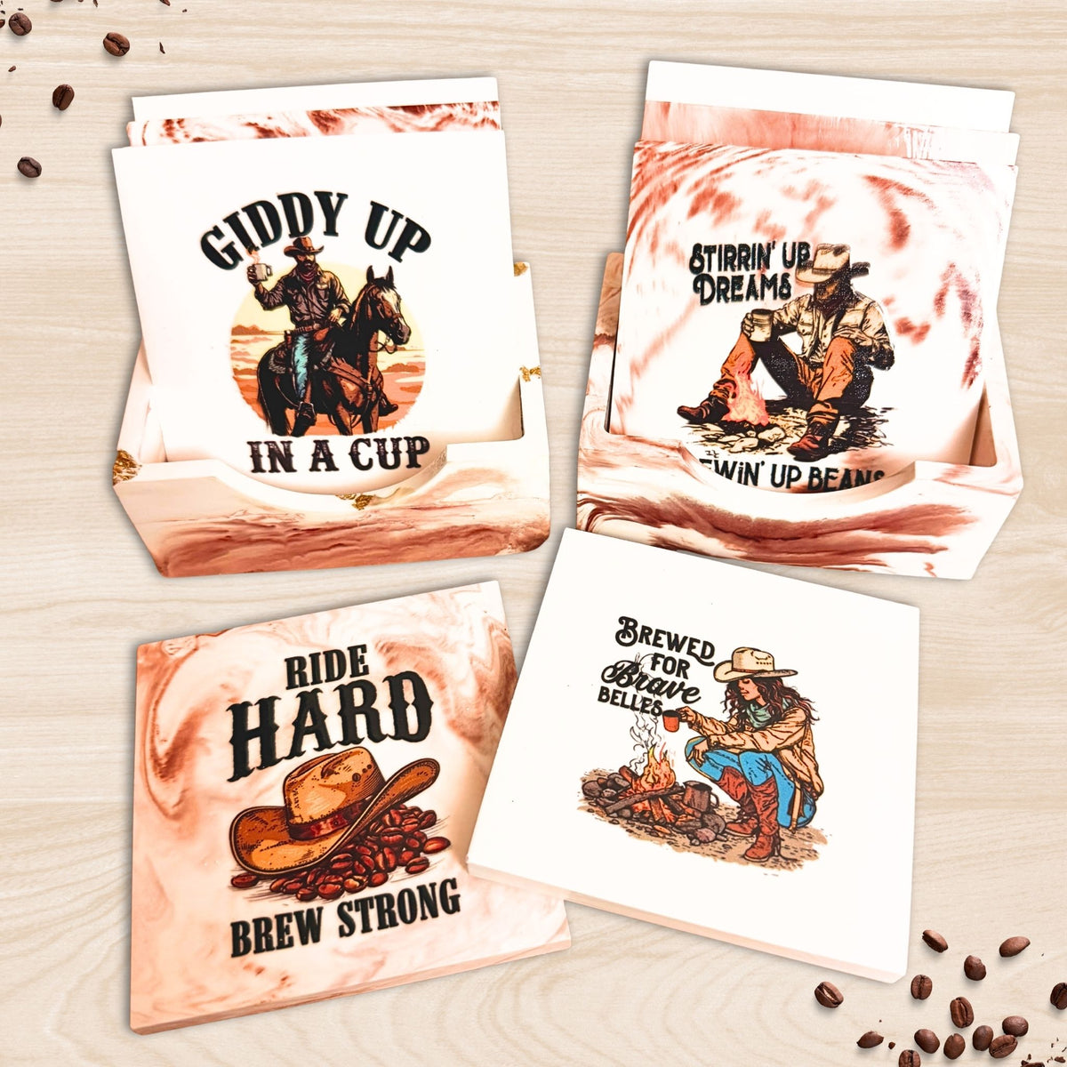 Comparison of Brewed in the Wild cowboy coffee quote coaster sets, showing four Western-inspired designs in Version A and Version B.