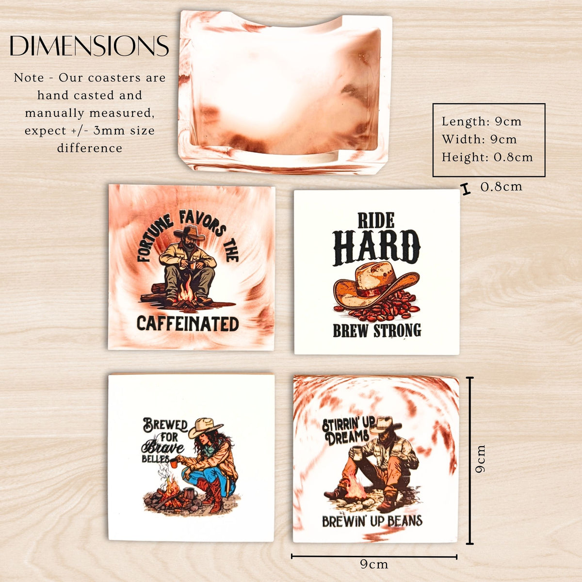 Brewed in the Wild handmade square coffee quote coasters with dimensions of 9 × 9 × 0.8 cm each.