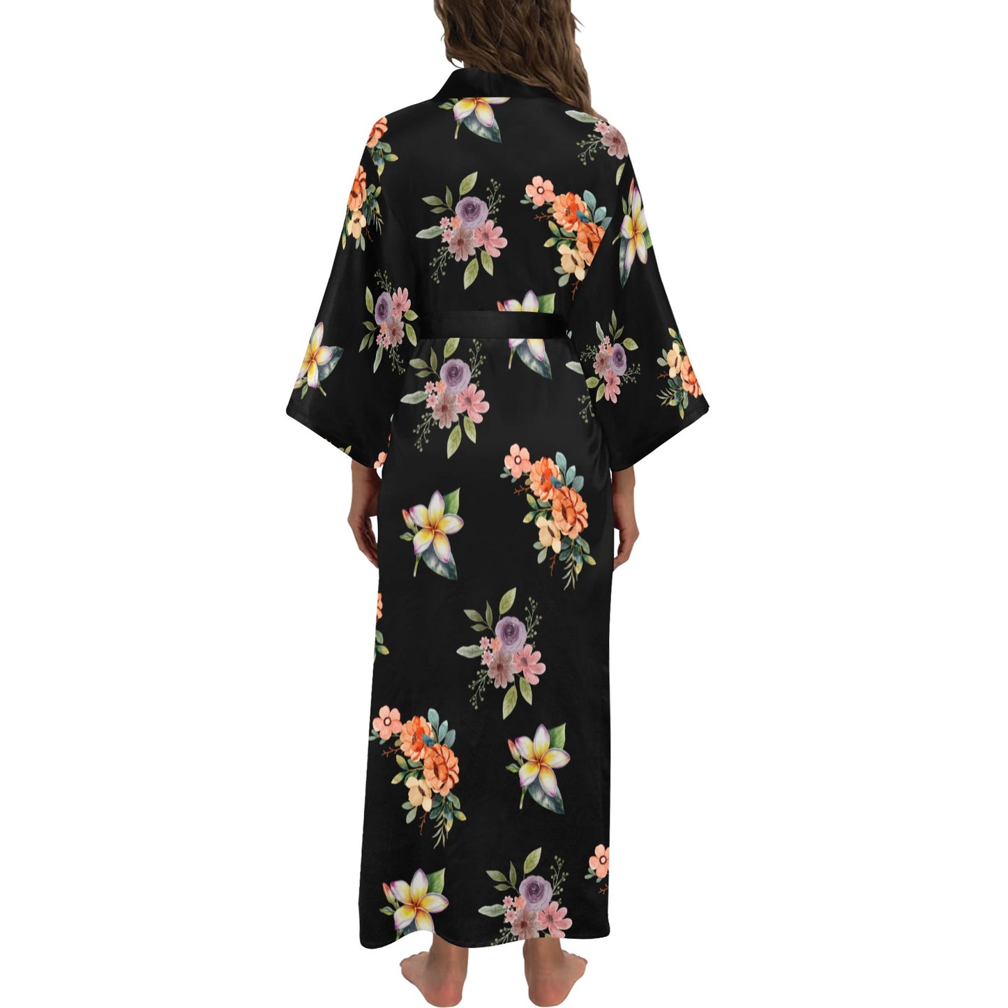 Black Flower Print Women's Long Kimono Silky Robe