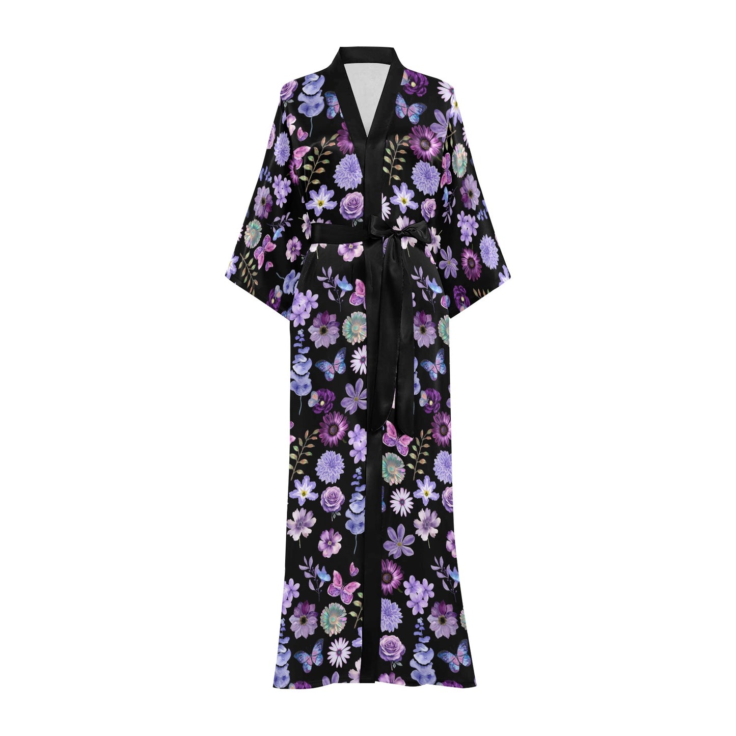 Lilac Black Floral Women's Long Kimono Silky Robe