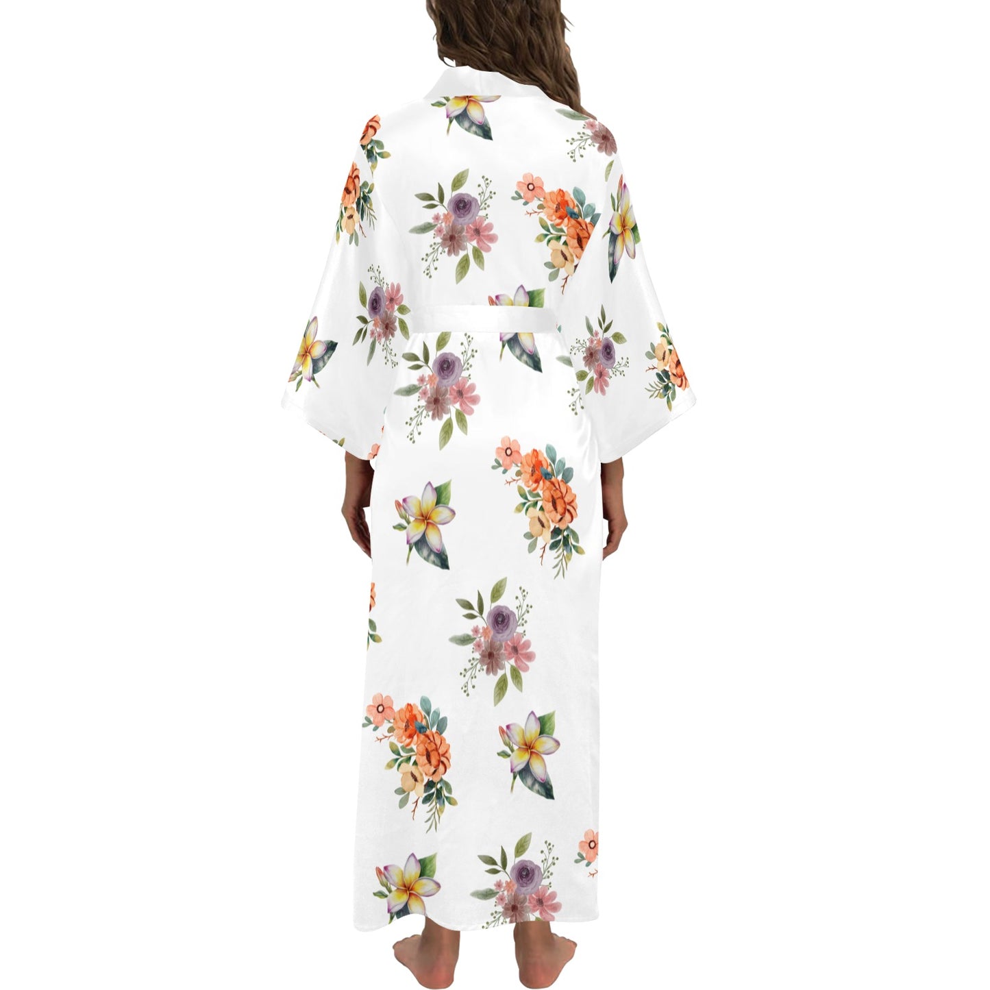 White Flower Print Women's Long Kimono Silky Robe