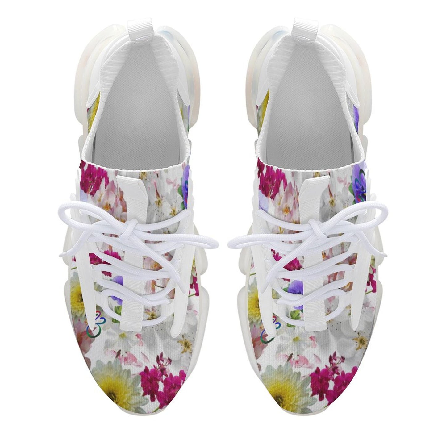 White Floral Print Mesh Unisex Sneakers Elastic Running Shoes