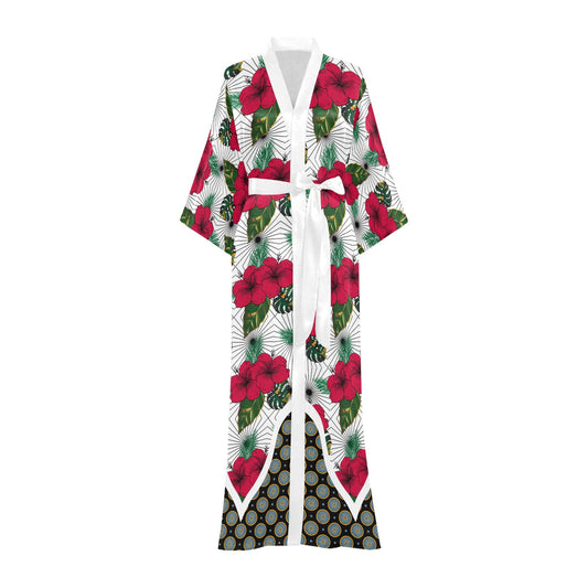 Queen Vee White Hibiscus Women's Long Kimono Robe
