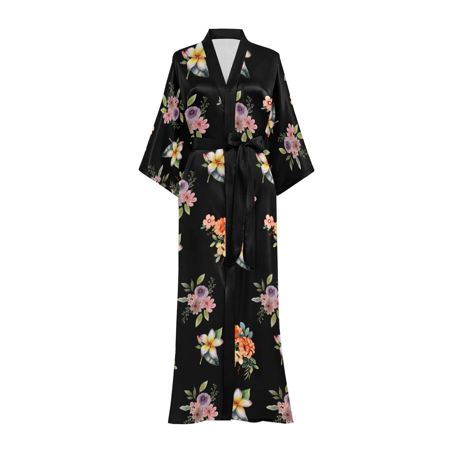 Black Flower Print Women's Long Kimono Silky Robe