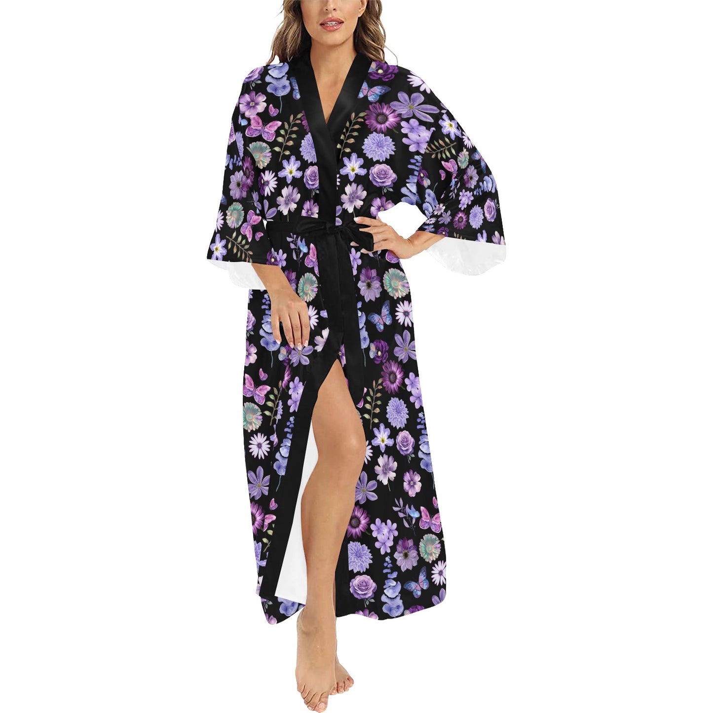 Lilac Black Floral Women's Long Kimono Silky Robe