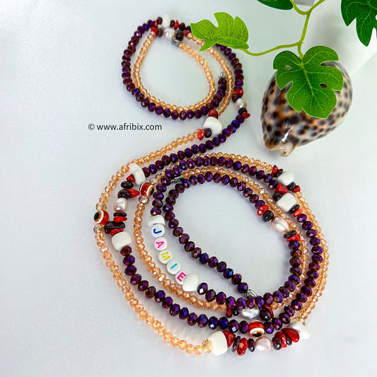 Meraki Limited Edition Purple and Gold Ivory, Pearl, Coral and Garnet Belly Chain Waistbead Set
