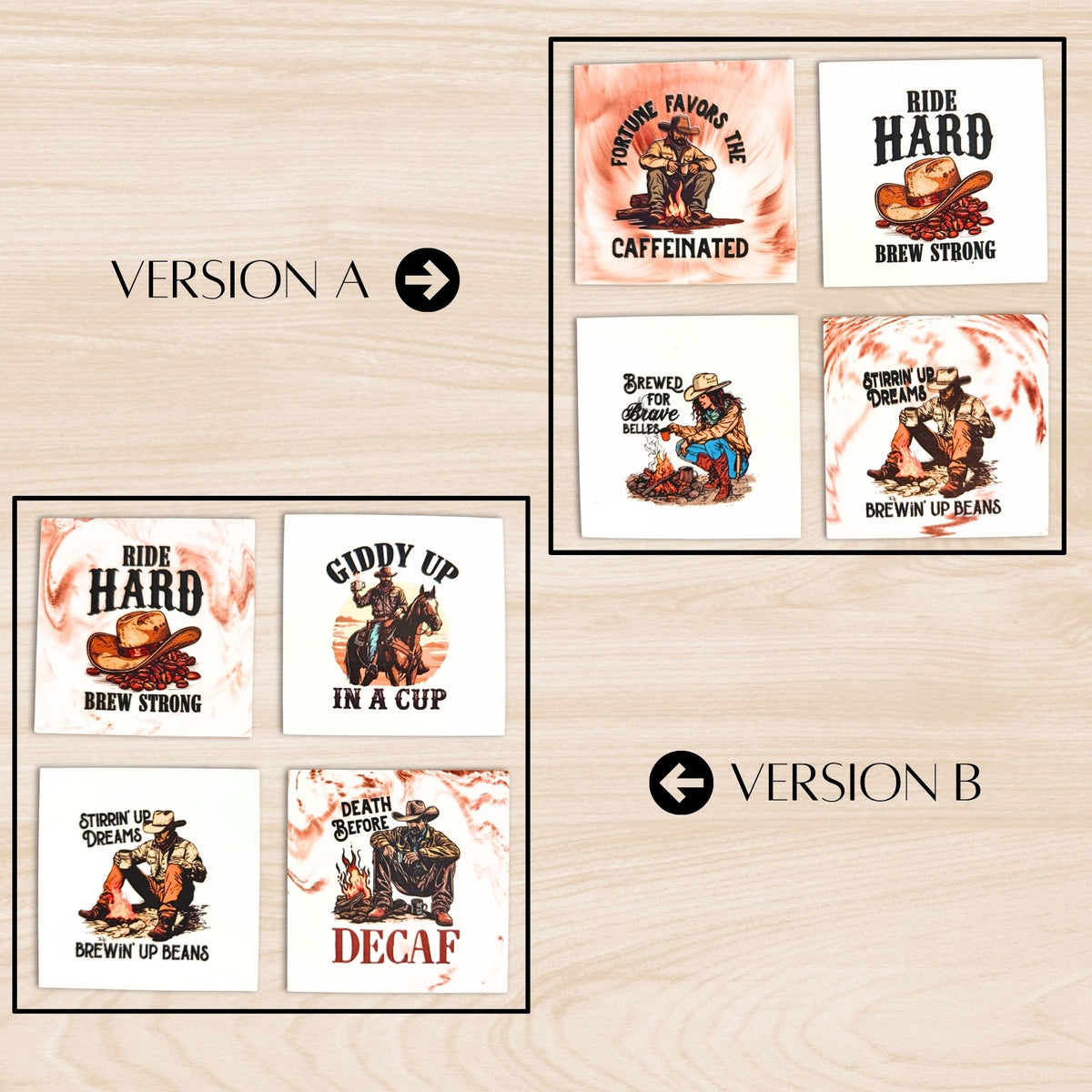 Comparison of Brewed in the Wild cowboy coffee quote coaster sets, showing four Western-inspired designs in Version A and Version B.