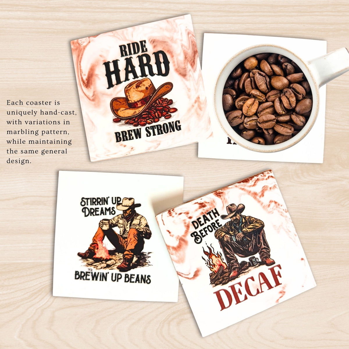 Close-up of handmade cowboy coffee quote coaster featuring a vintage Western illustration and brown marble-effect details.