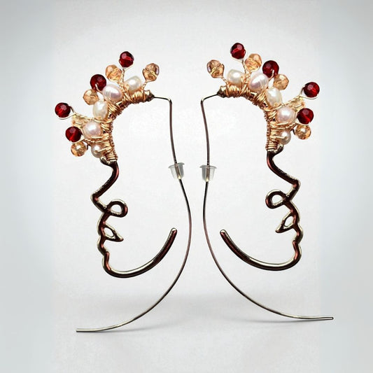 Abstract Face Statement Gold Earring with Pearls and Crystals