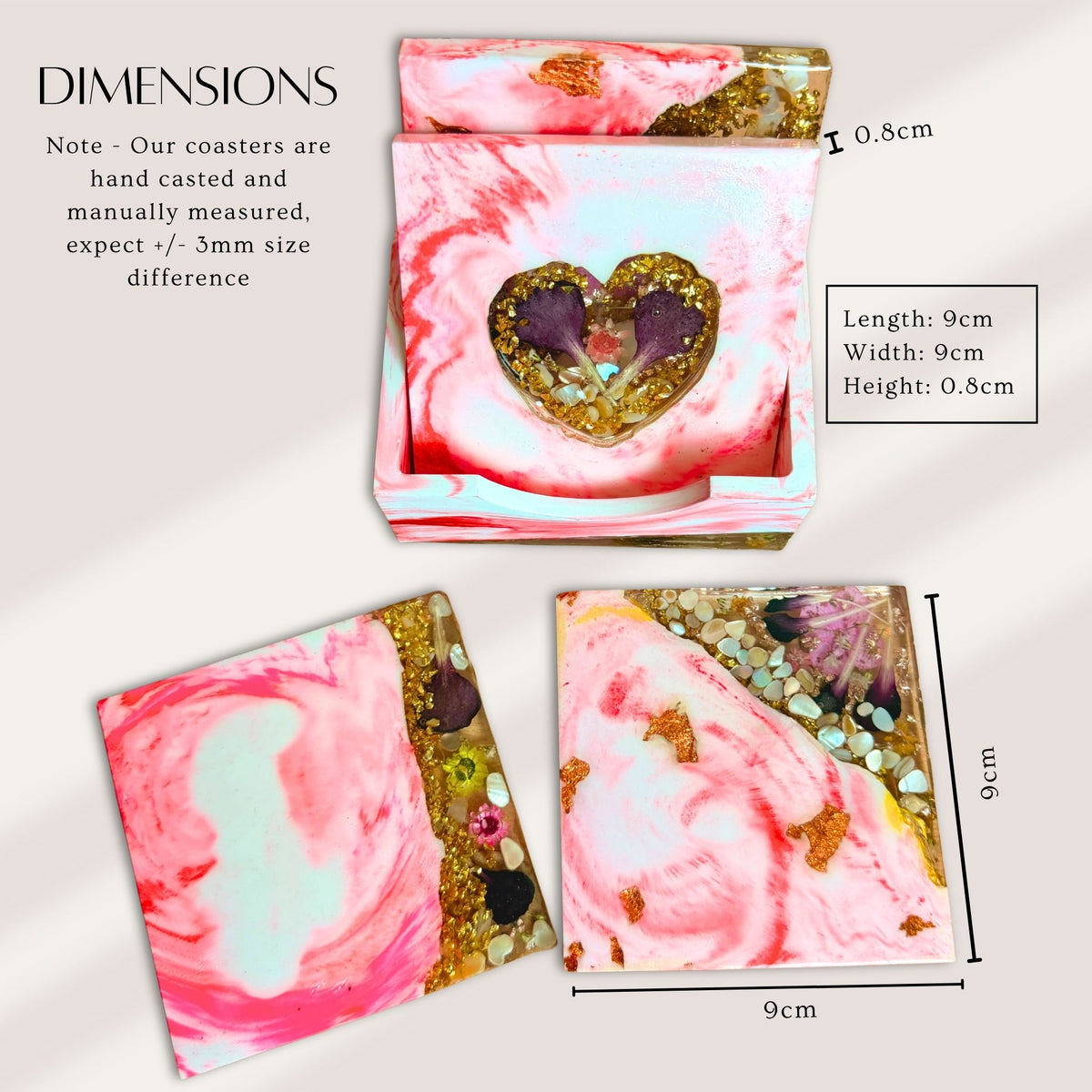 Handmade pink marble floral coasters measuring 9 × 9 × 0.8 cm each