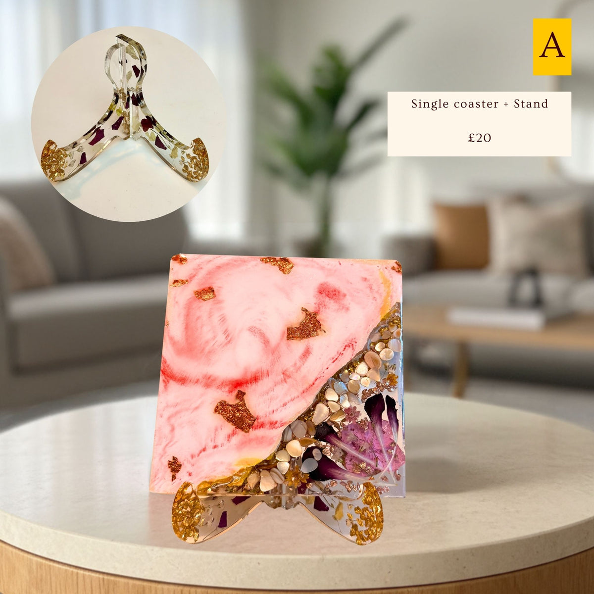 Handmade pink marble eco-ceramic coaster with embedded flowers and decorative stones, with stand. Version A