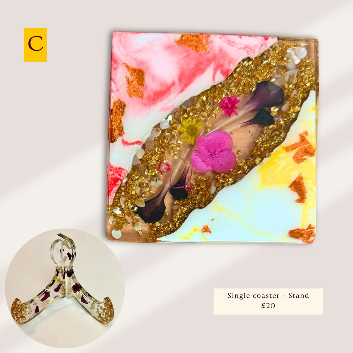 Handmade pink marble eco-ceramic coaster with embedded flowers and decorative stones, with stand. Version C