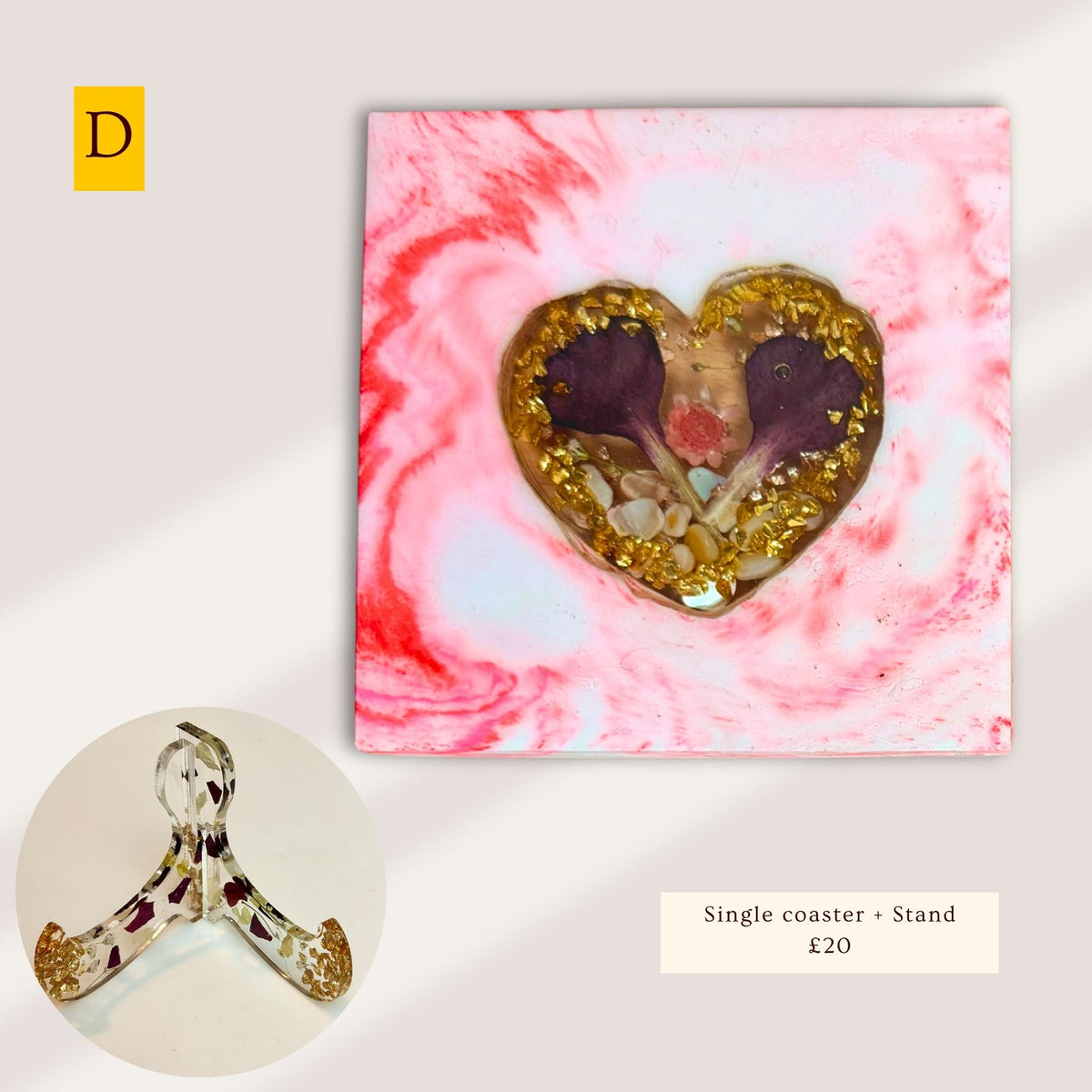 Handmade pink marble eco-ceramic coaster with embedded flowers and decorative stones, with stand. Version D