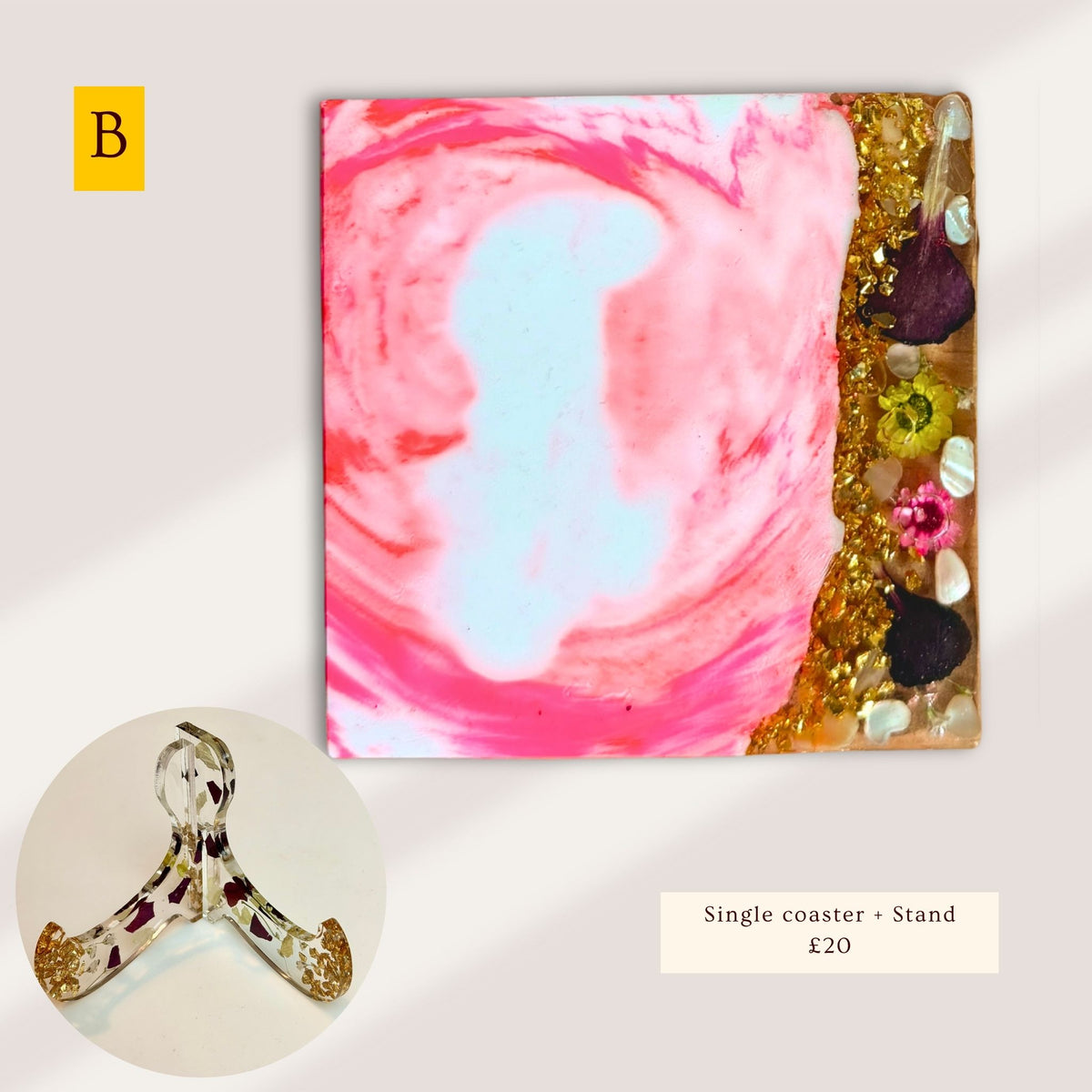 Handmade pink marble eco-ceramic coaster with embedded flowers and decorative stones, with stand. Version B