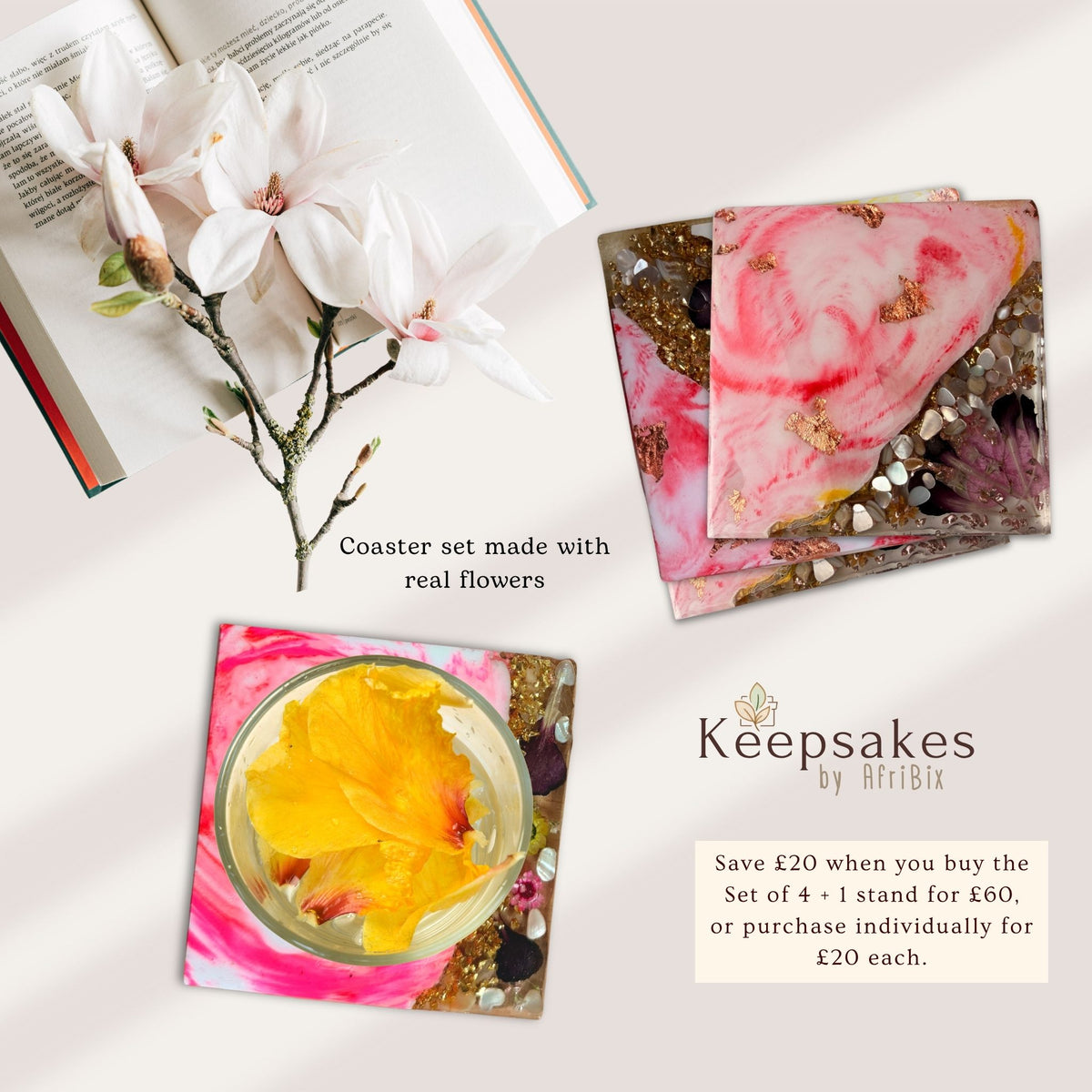 Set of four handmade pink marble-effect coasters with floral details, decorative stones and translucent edges