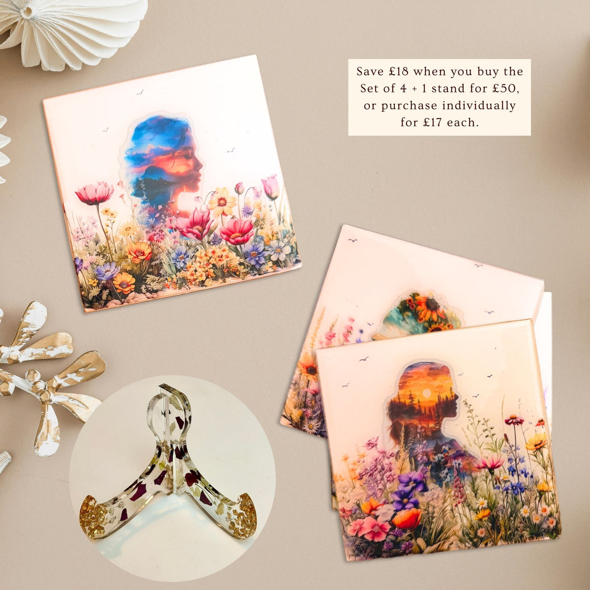 Nature Within Women & Flowers coaster displayed with a decorative floral resin stand.