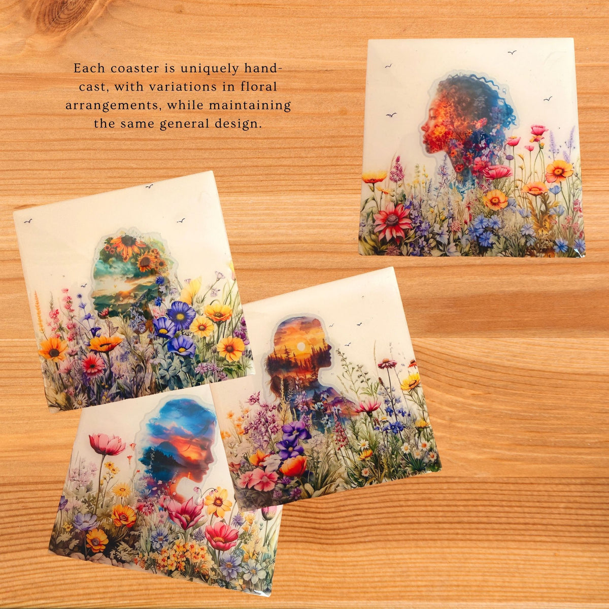 Four Nature Within eco-ceramic coasters featuring women's silhouettes filled with colourful landscapes, sunsets and flowers.