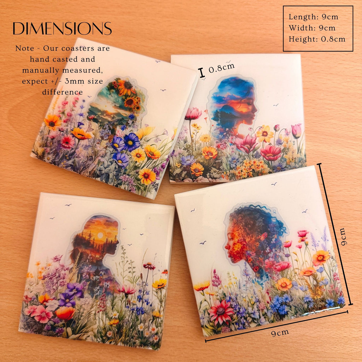 Nature Within handmade eco-ceramic coasters measuring 9 × 9 × 0.8 cm each.