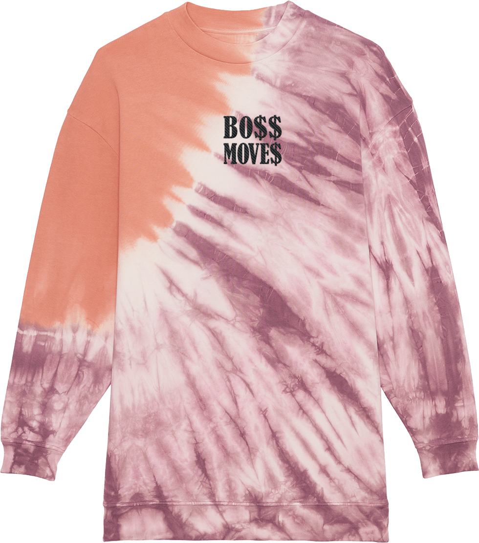 Boss Moves Embroidered Tie and Dye Longsleeve Tshirt - Mauve/Rose Clay