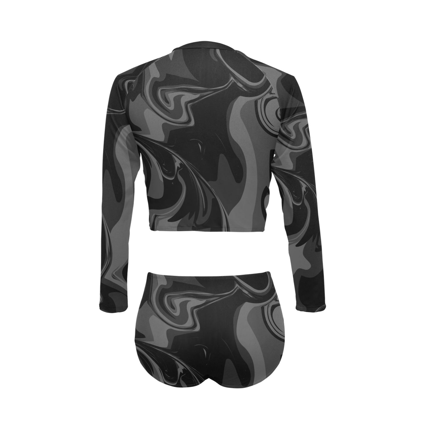 Black Marble Print Long Sleeve Bikini Swimwear Set