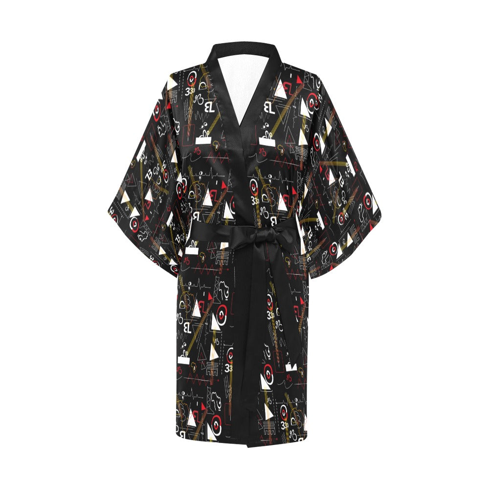 Linear Print Black Short Kimono Robe Coverup