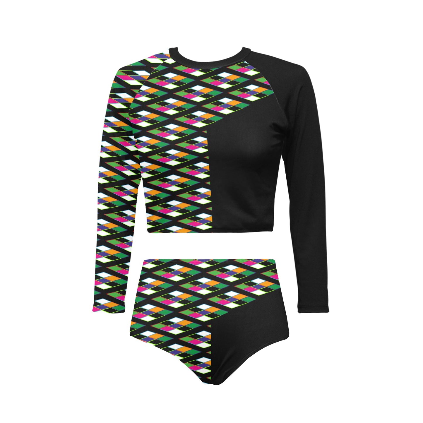 Pyramid Print Long Sleeve Black Bikini Set