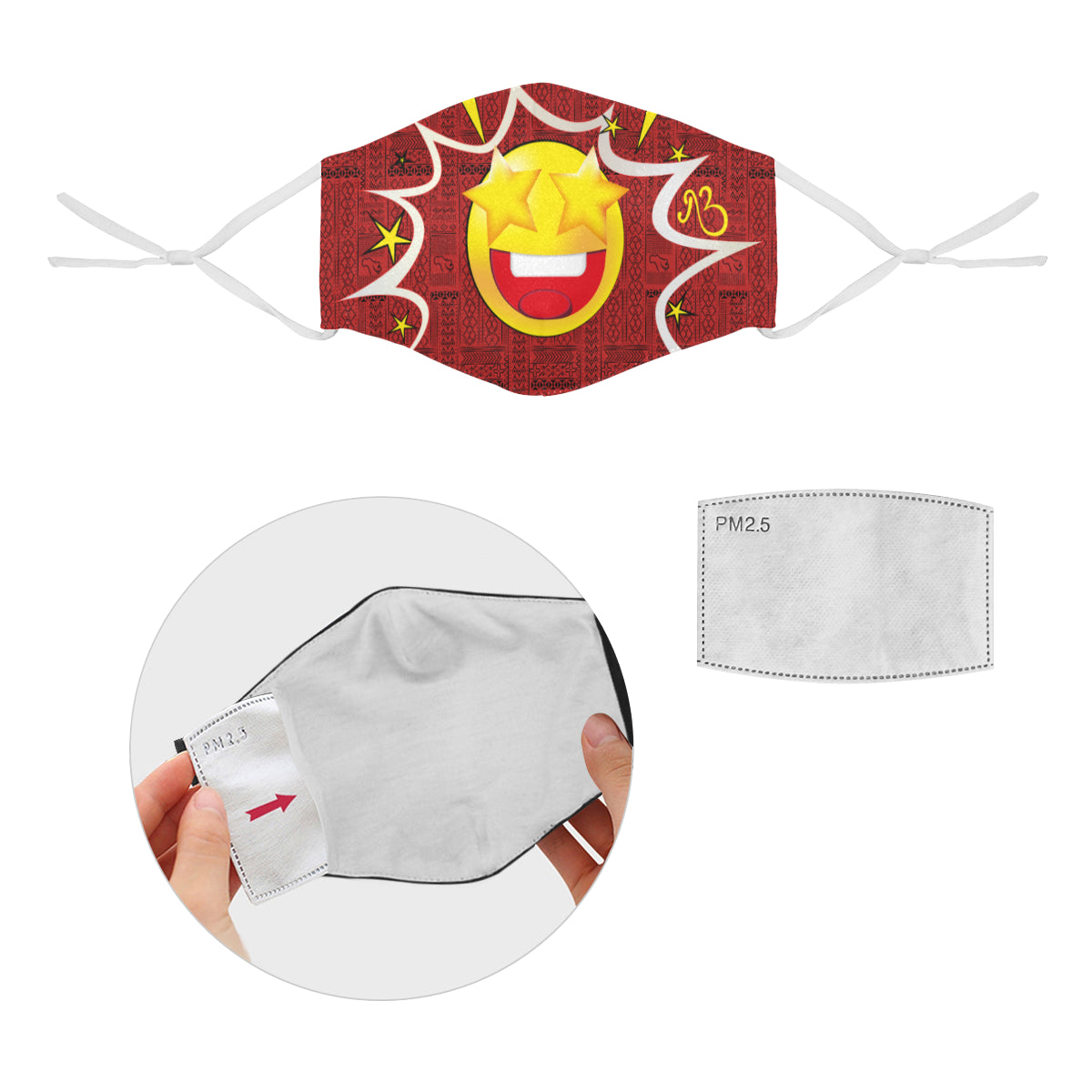 Star Tribal Print Comic Emoji Cotton Fabric Face Mask with Filter Slot and Adjustable Strap - Non-medical use (2 Filters Included)