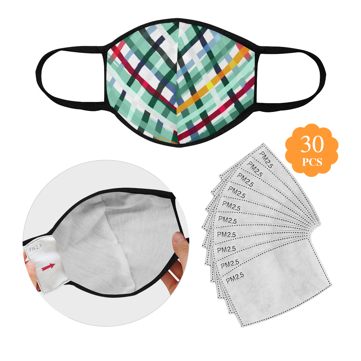Cross Stitch Shape Cotton Fabric Face Mask with filter slot (30 Filters Included) - Non-medical use