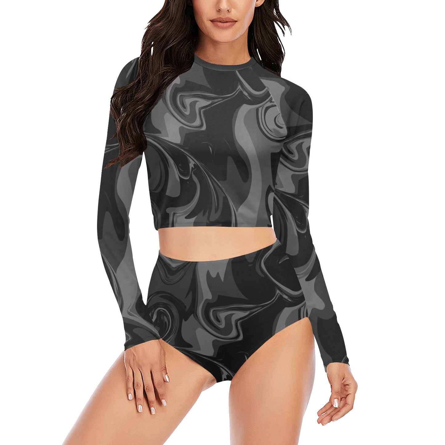 Black Marble Print Long Sleeve Bikini Swimwear Set