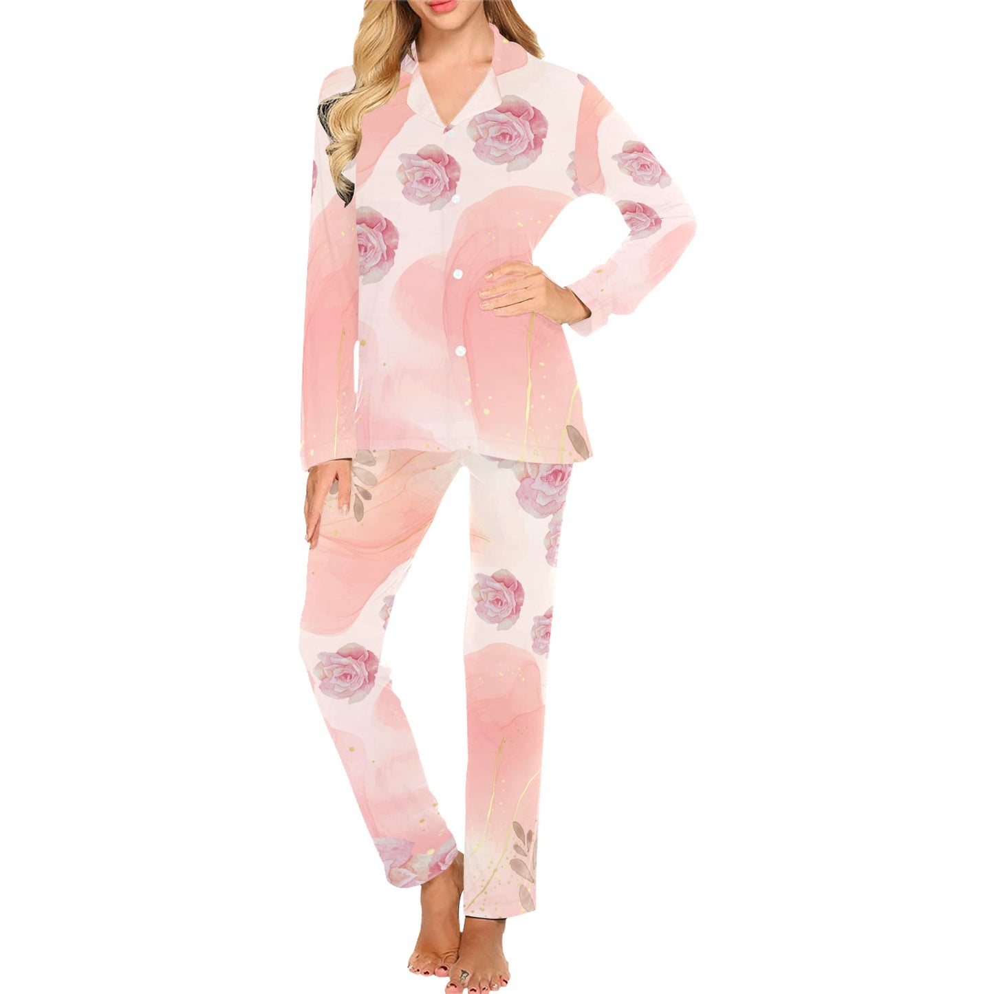 Pink Floral and Marble Print Rose Women's Long Pyjama Set