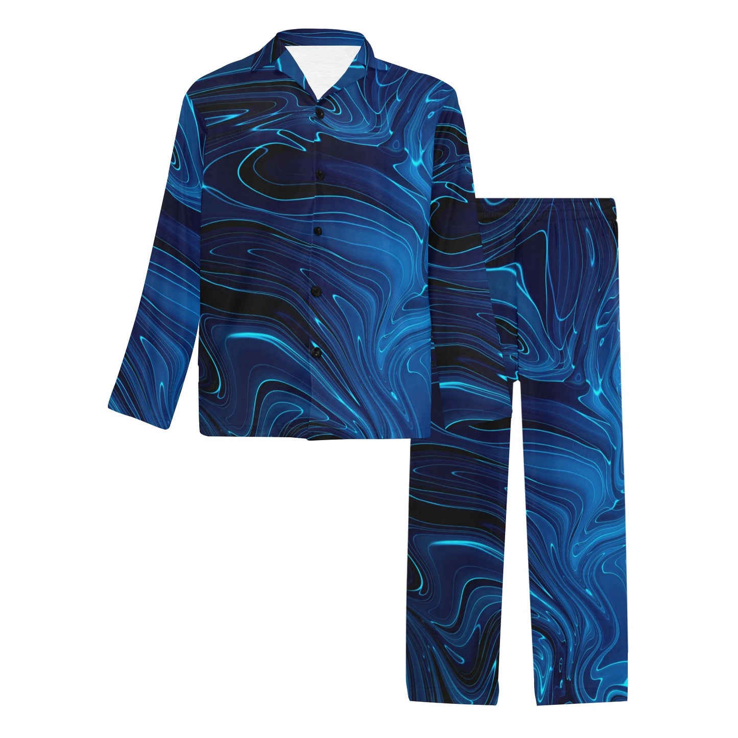 Blue Waves Marble Print Men's Long Sleeve Loungewear Set