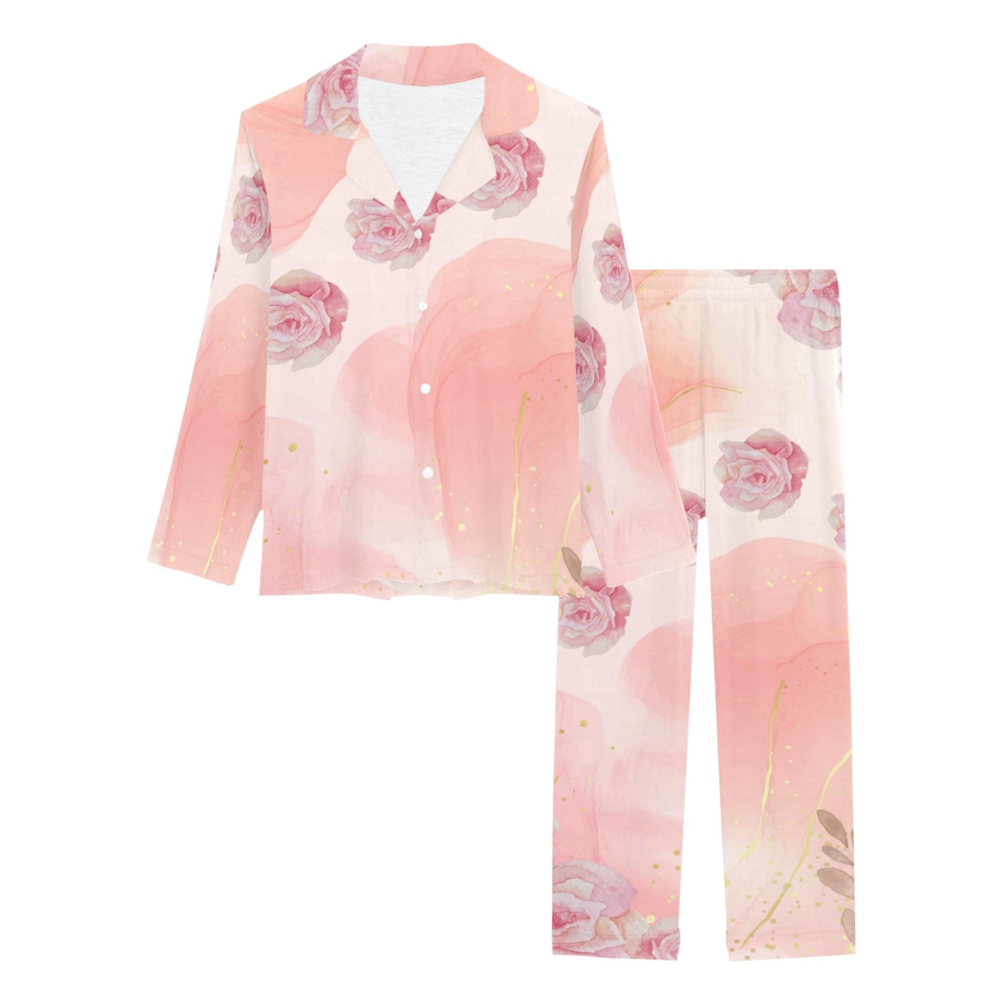 Pink Floral and Marble Print Rose Women's Long Pyjama Set