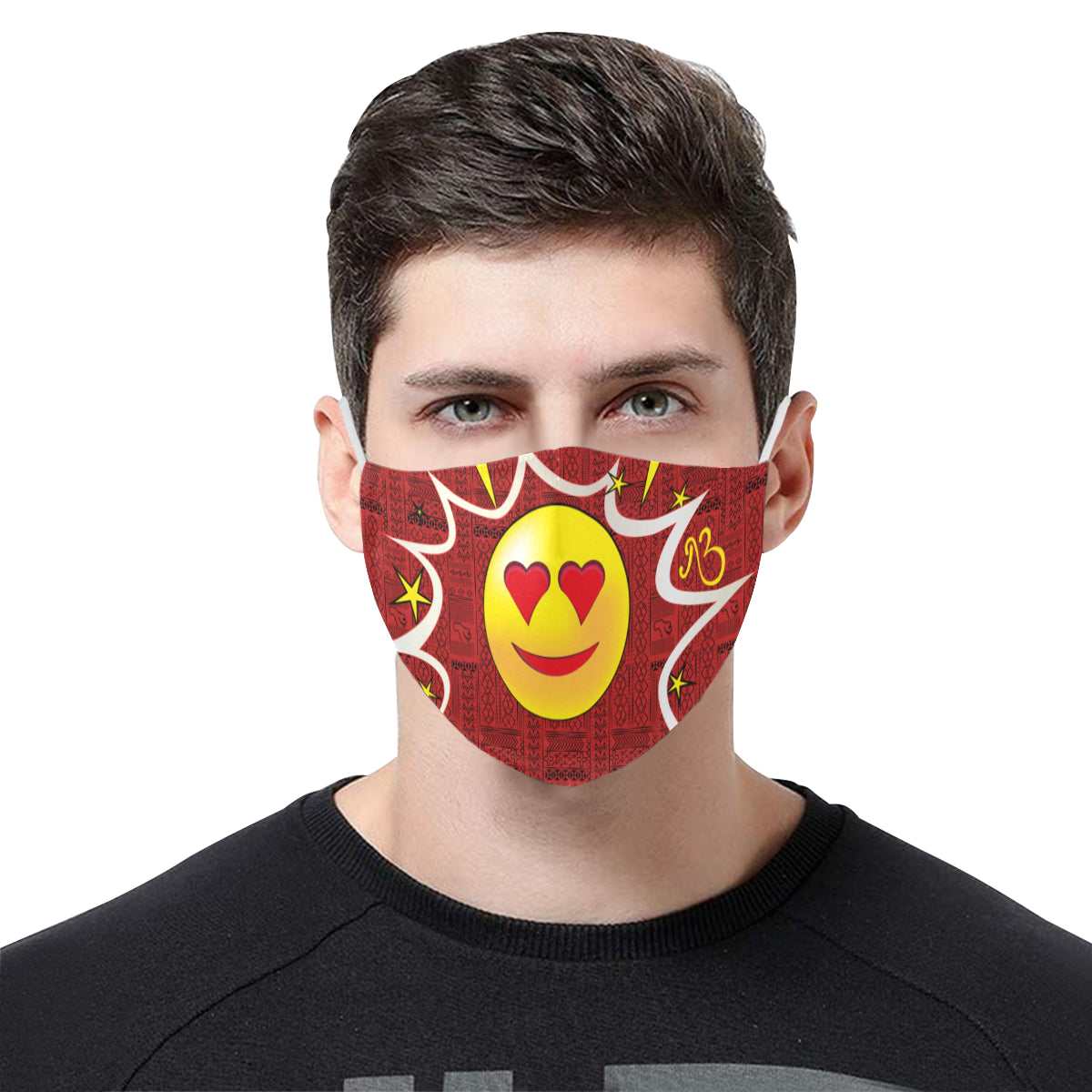 Heart Tribal Print Comic Emoji Cotton Fabric Face Mask with Filter Slot and Adjustable Strap - Non-medical use (2 Filters Included)
