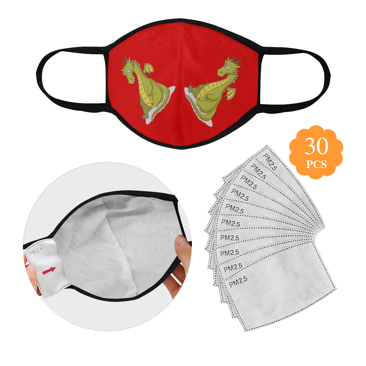 Happy Dragon Cotton Fabric Face Mask with filter slot (30 Filters Included) - Non-medical use