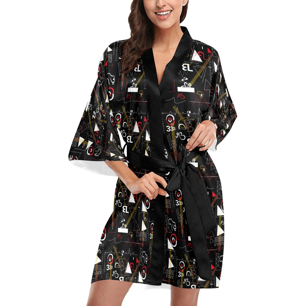 Linear Print Black Short Kimono Robe Coverup