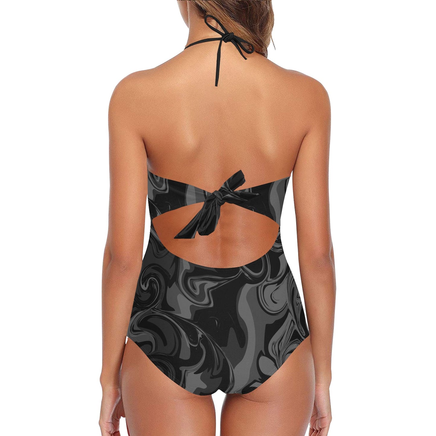 Black Marble Print Lace Embossed Swimsuit