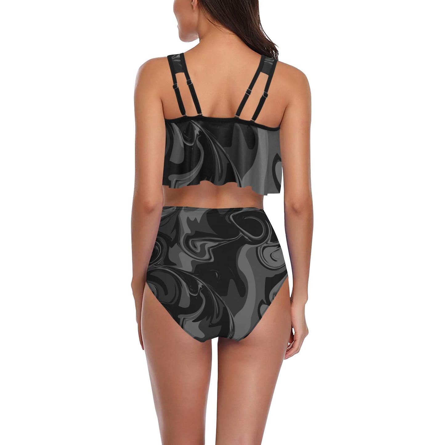 Black Marble Ruffle Flounce High Waist Bikini Set