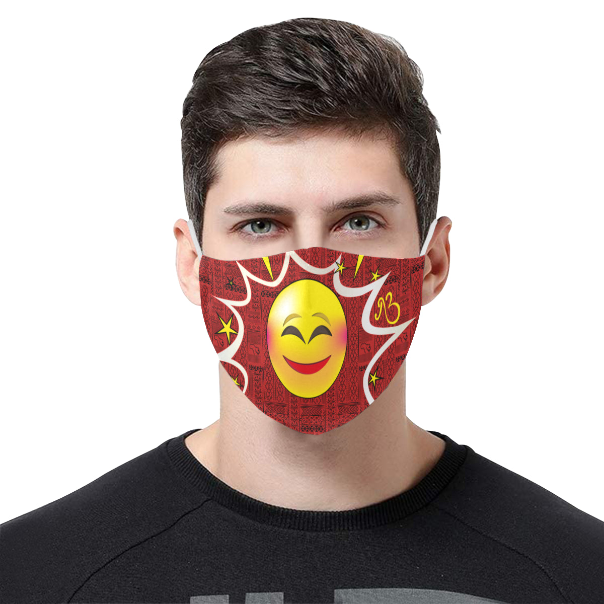 Blushing Tribal Print Comic Emoji Cotton Fabric Face Mask with Filter Slot and Adjustable Strap - Non-medical use (2 Filters Included)