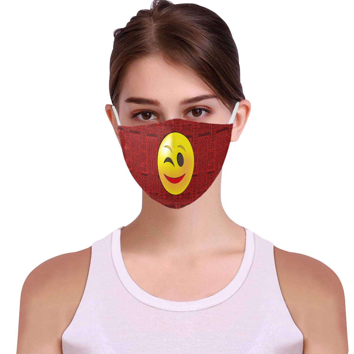 Wink Tribal Print Emoji Cotton Fabric Face Mask with Filter Slot and Adjustable Strap - Non-medical use (2 Filters Included)