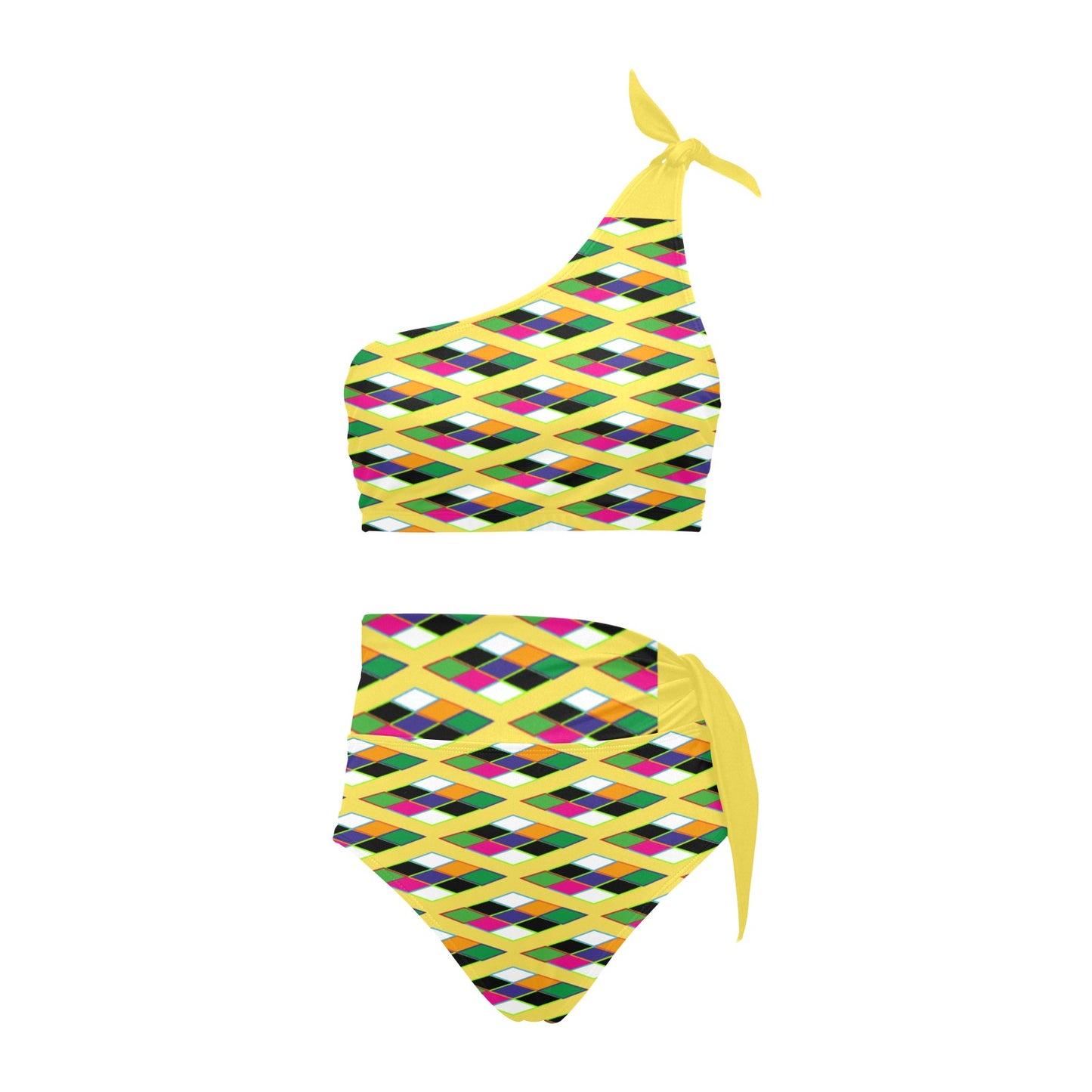 Yellow Pyramid Print One Shoulder High Waist Bikini