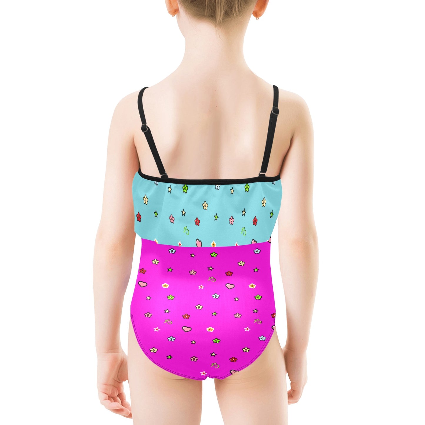 AfriBix Love Heart Girls Ruffle Kids Swimsuit - Pink and Blue