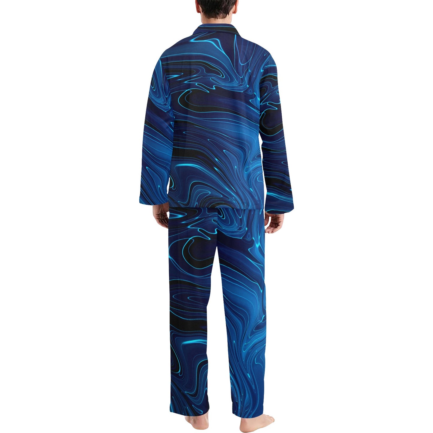 Blue Waves Marble Print Men's Long Sleeve Loungewear Set