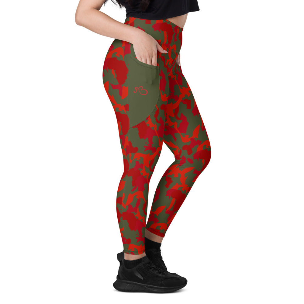 Camouflage High Waist Leggings with pockets - AfriBix Olive Red Camo Print