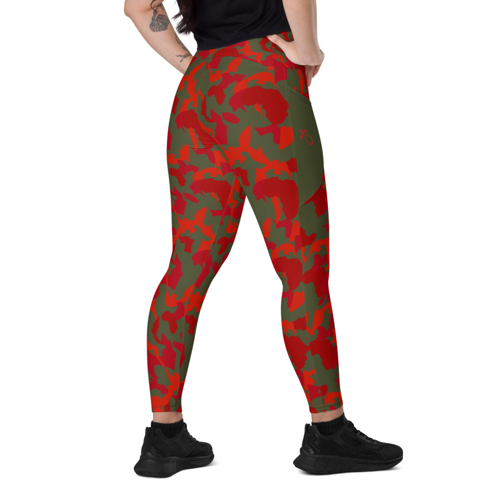 Camouflage High Waist Leggings with pockets - AfriBix Olive Red Camo Print